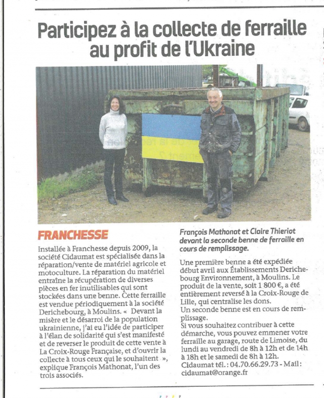 Franchesse - collecte de feraille pour l&#039;Ukraine - La Semaine de l&#039;Allier du 5 mai 2022
